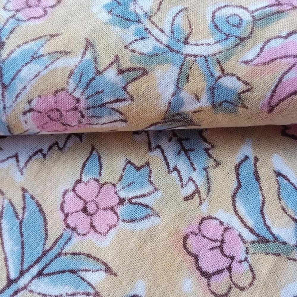 Cotton Fabric with Floral Hand Block Print| Natural Dyed Dress Materiel | Jaipuri Print | 100% Cotton Salwar Suit Dress Material | Sanganeri Print Fabric (Yellow Pink, 2.5 Meters)-image-24