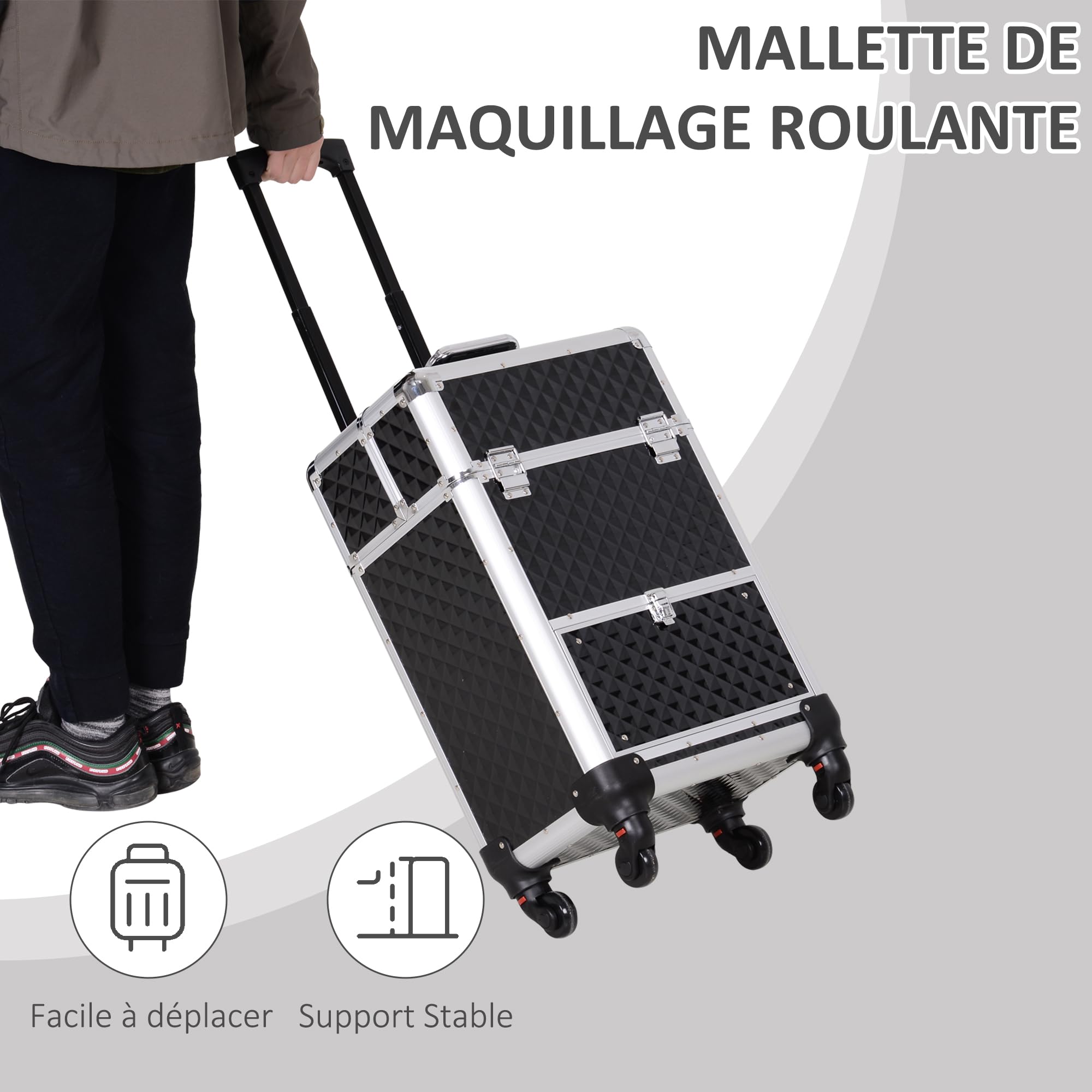 Walizka Wózek Kosmetyczka z Regulowaną Teleskopowa Rączka 34L x 25W x 62H cm Alu. Czarny