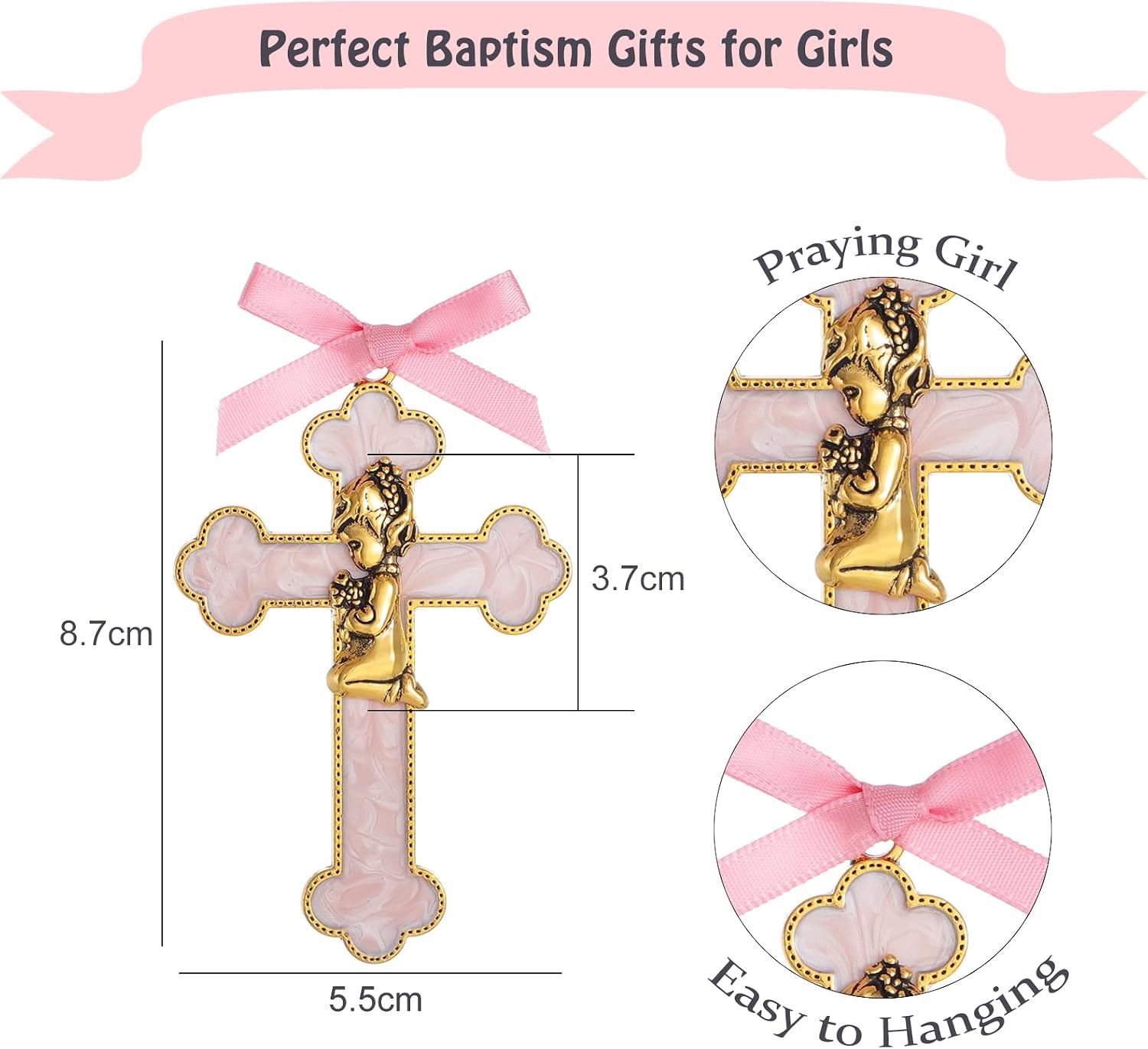 KOMI Baptism Gifts for Girls Pink Enamel Baby Wall Cross Christening Gifts Praying Girl Cross Christening and Dedication Baptismal Gifts from Godmother
