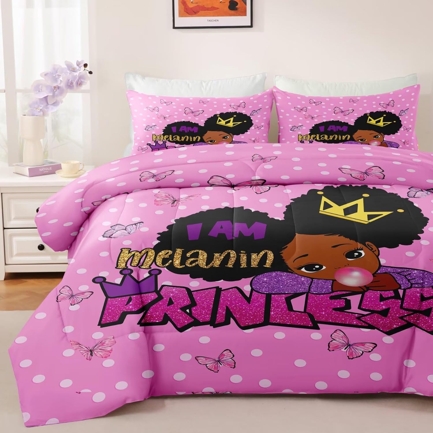 Little Black Girl Comforter Sets Twin Size,Black Girl Magic Bedding Set,Cute Little Princess Comforter Set for Kids Melanin Bedroom Bed Sets - Image 2