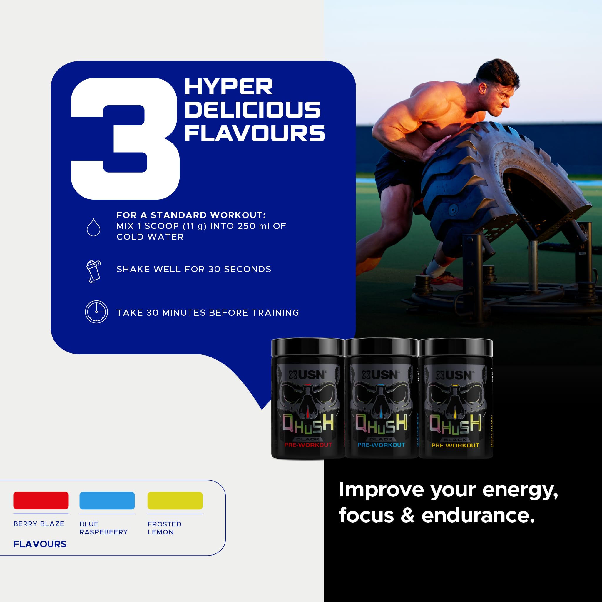 USN QHUSH Pre-Workout (20 serv) Blue Raspberry