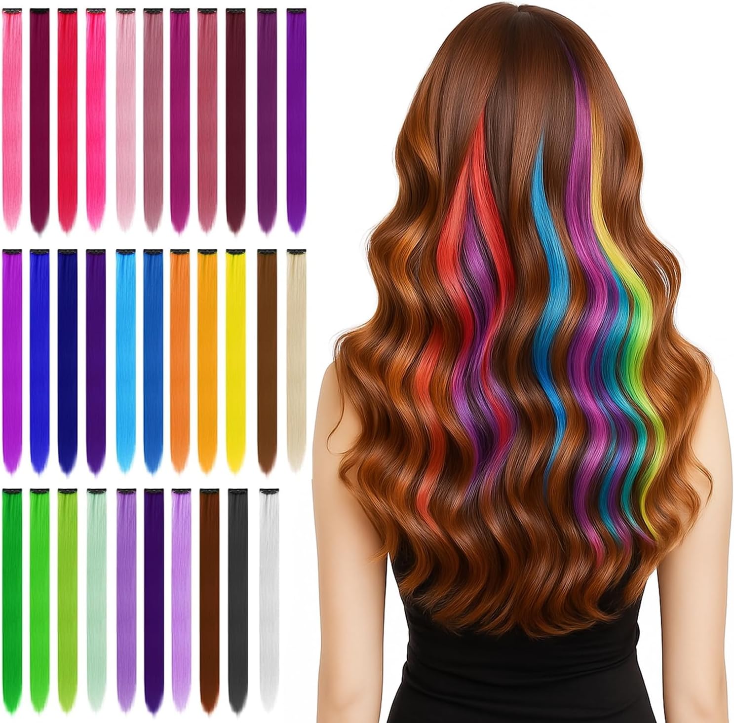 BEAHOT 32 PCS Clip in Colored Hair Extensions for Kids, 20 Inches Rainbow Long Straight Hairpieces Synthetic, Hair Extensions-Pretty Gift for Cosplay Dress Up Fashion Party Birthday(32 Colors