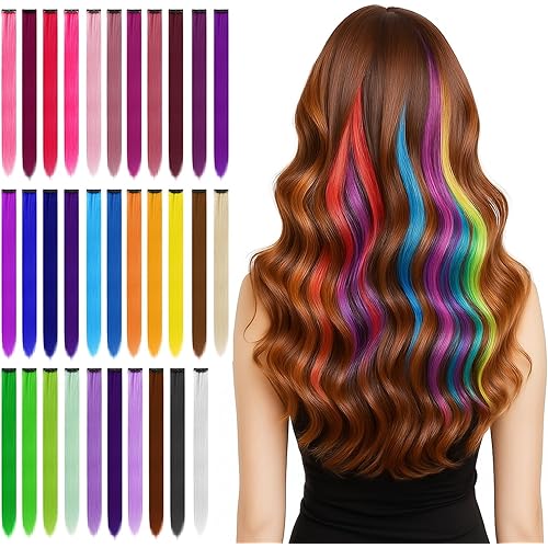 BEAHOT 32 PCS Clip in Colored Hair Extensions for Kids, 20 Inches Rainbow Long Straight Hairpieces Synthetic, Hair Extensions-Pretty Gift for Cosplay Dress Up Fashion Party Birthday（32 Colors