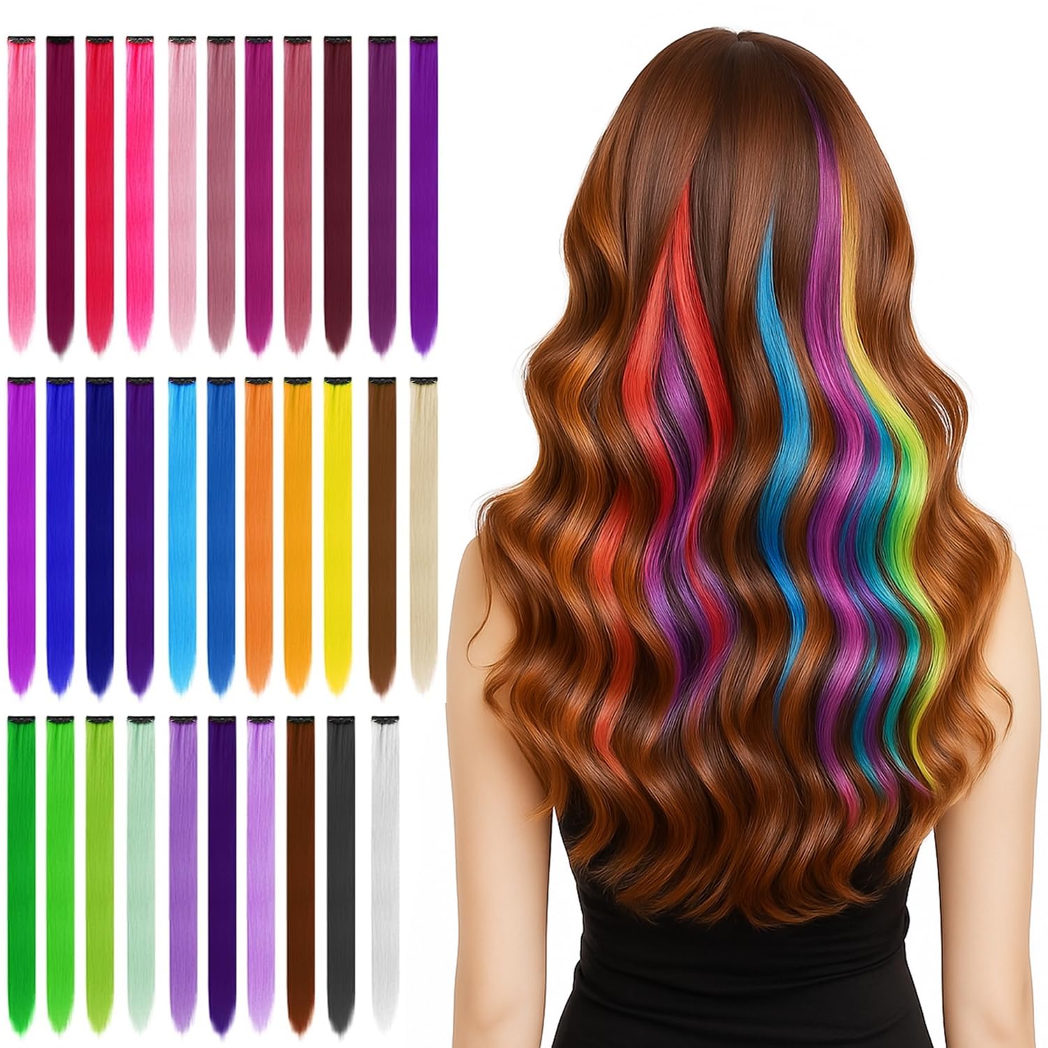 32 PCS Clip in Colored Hair Extensions for Kids, 20 Inches Rainbow Long Straight Hairpieces Synthetic,BEAHOT Hair Extensions-Pretty Gift for Cosplay Dress Up Fashion Party Birthday（32 Colors)