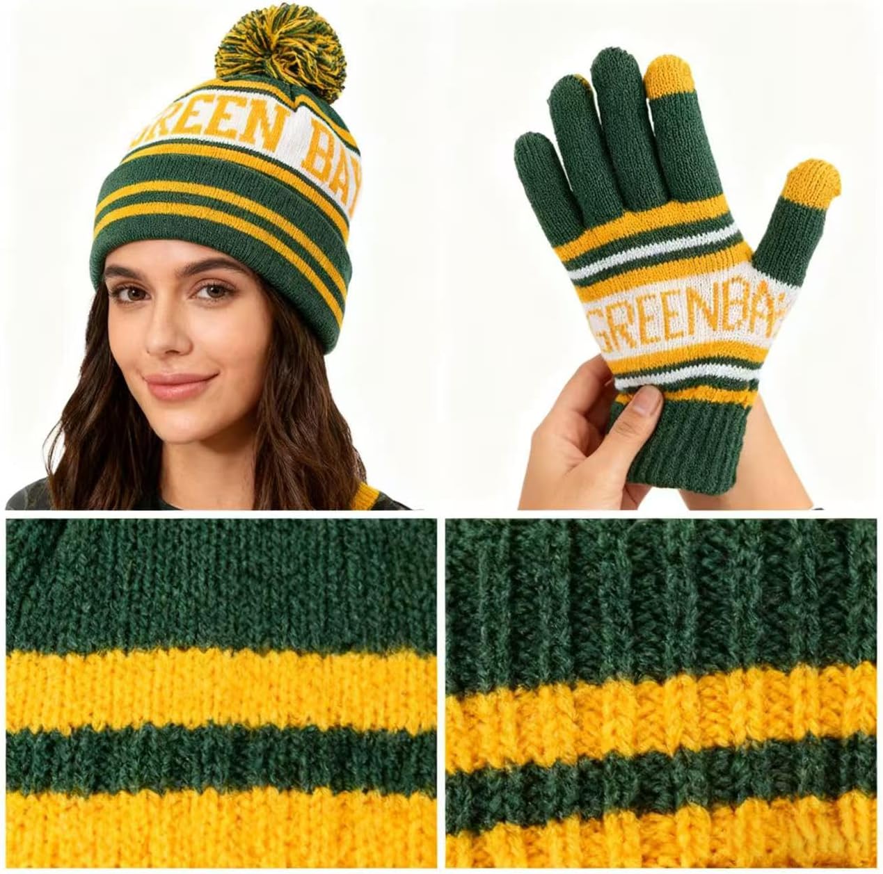 Classic Skull Cap Beanie Hat with Faux Fur Pom Cuffed Winter Hat Knit Comes with Warm Touch Screen Gloves Gifts - Image 3