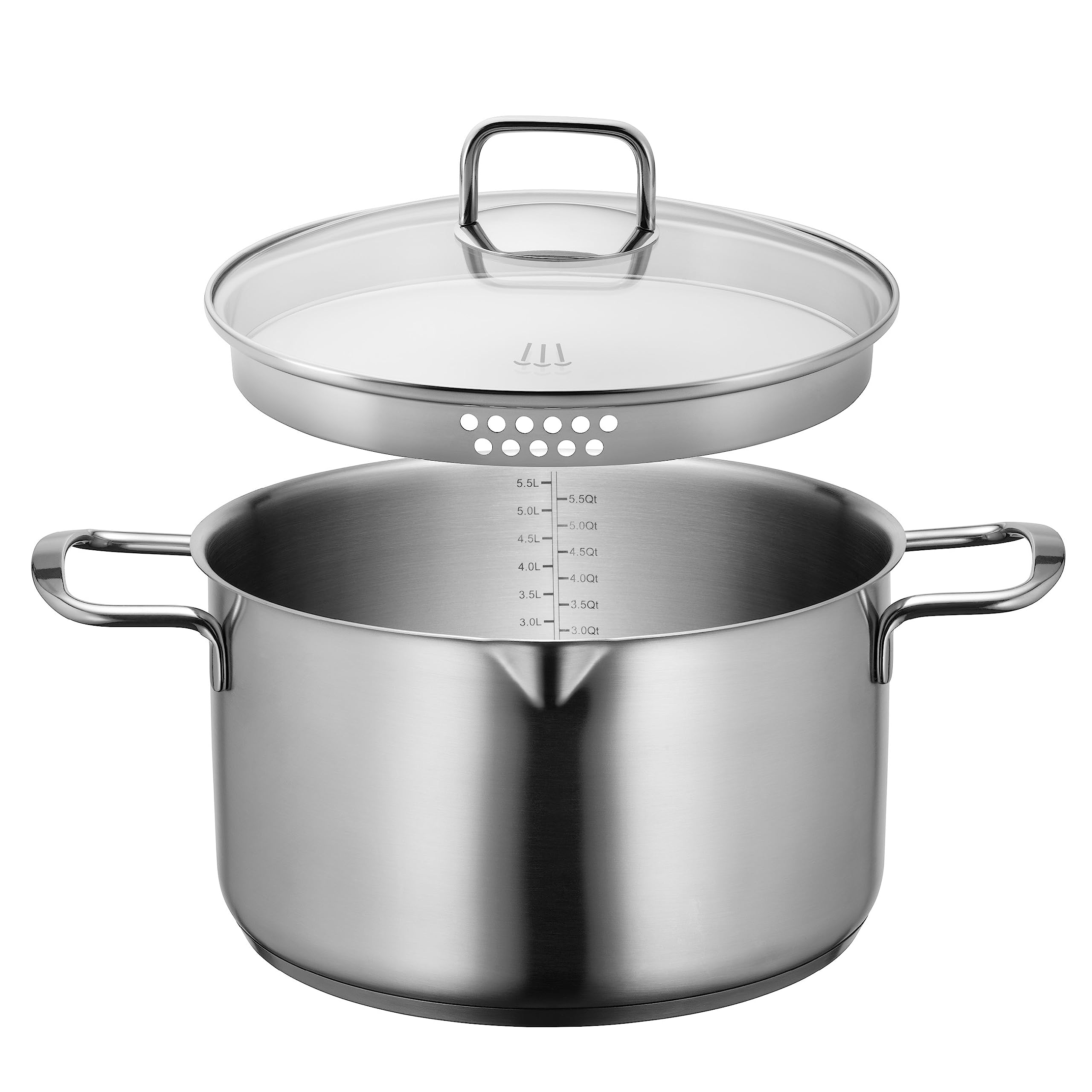 MÄSER Sanvito, Kochtopf 24 cm mit Glasdeckel und praktischem Ausgießer, kleiner Edelstahl Topf mit Siebdeckel und Literskala, geeignet für Induktion, Edelstahl 18/10
