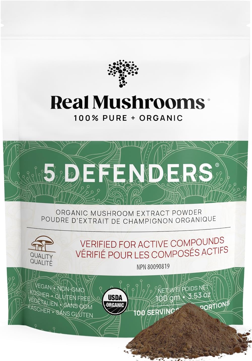 Real Mushrooms 5 Defenders Powder Organic Mushroom Extract w/Chaga, Shiitake, Maitake, Turkey