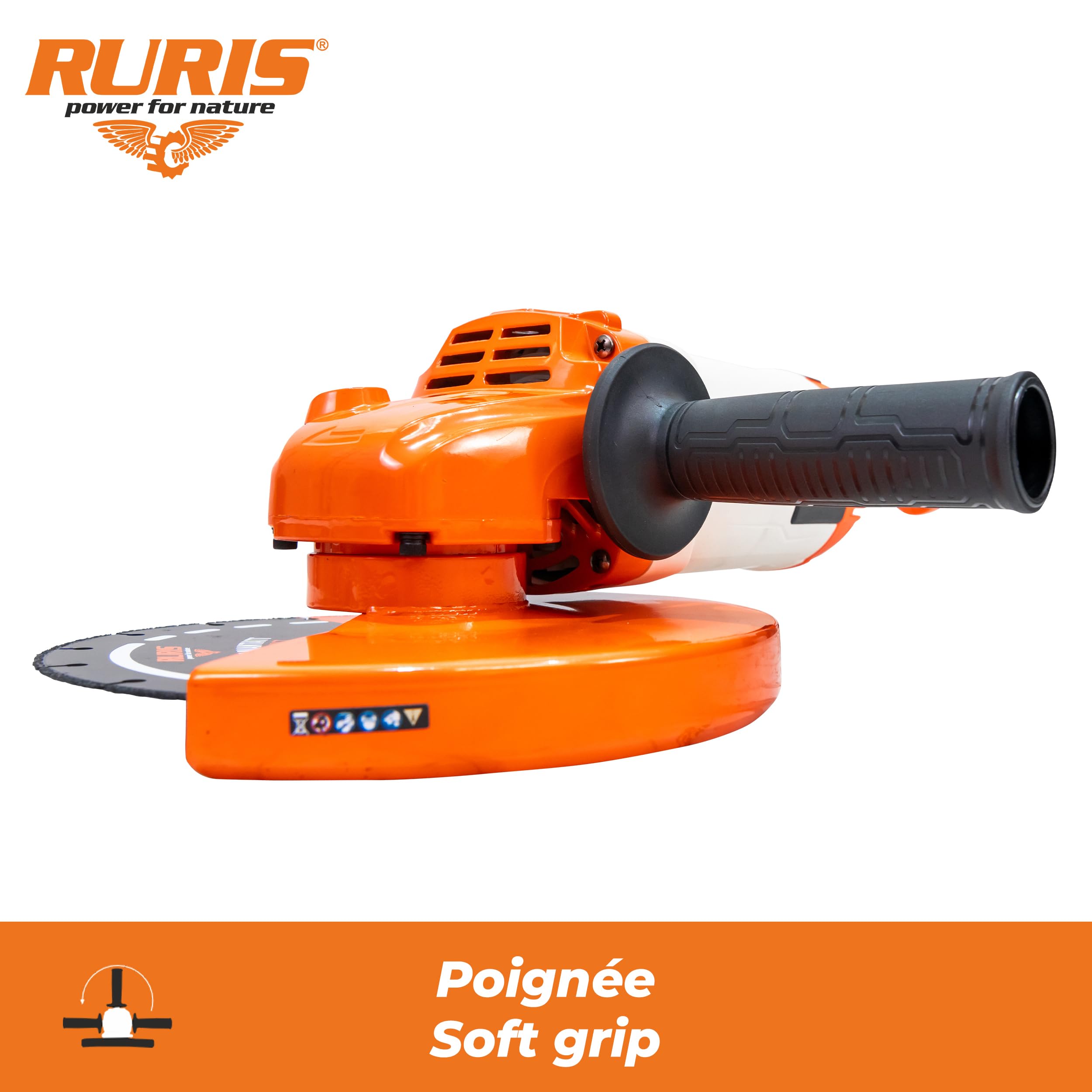 RURIS Amoladora angular eléctrica RA2400S 2400W, disco de 230 mm, Soft Start, mango suave agarre ajustable, potente herramienta para corte y pulido de metal, hormigón, piedra, madera