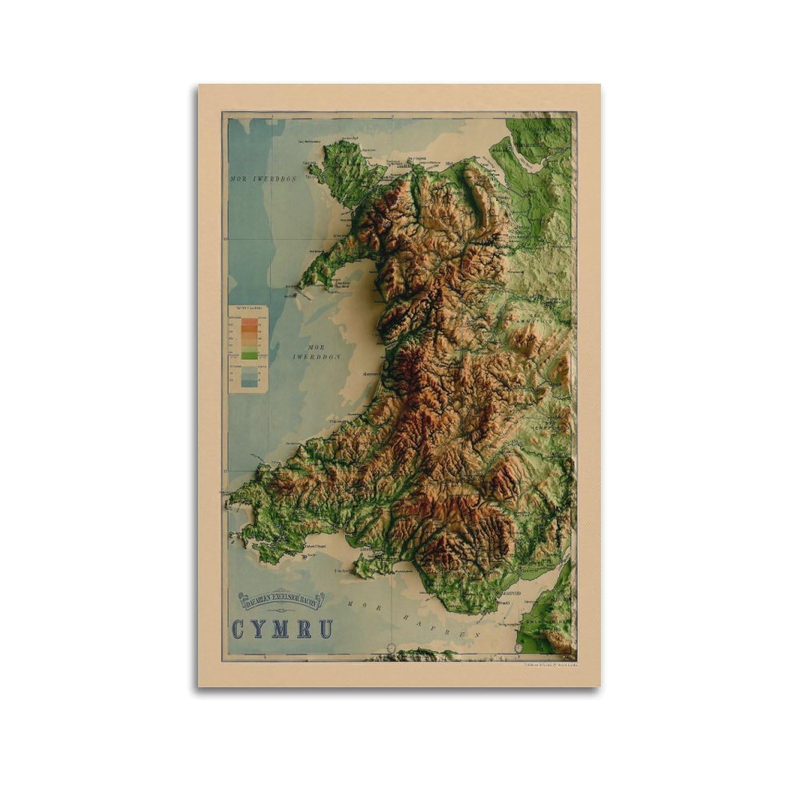 NXIYUHA Vintage Relief Map Poster Wales Map Decorative Painting Canvas Art Picture 20x30inch(50x75cm)