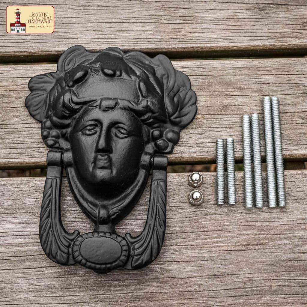 Mystic Colonial Medieval Cast Iron Door Knocker Athena Design, 6 Inch, Rustic Black Finish Front Door Knocker with Mounting Screws for Vintage Doors