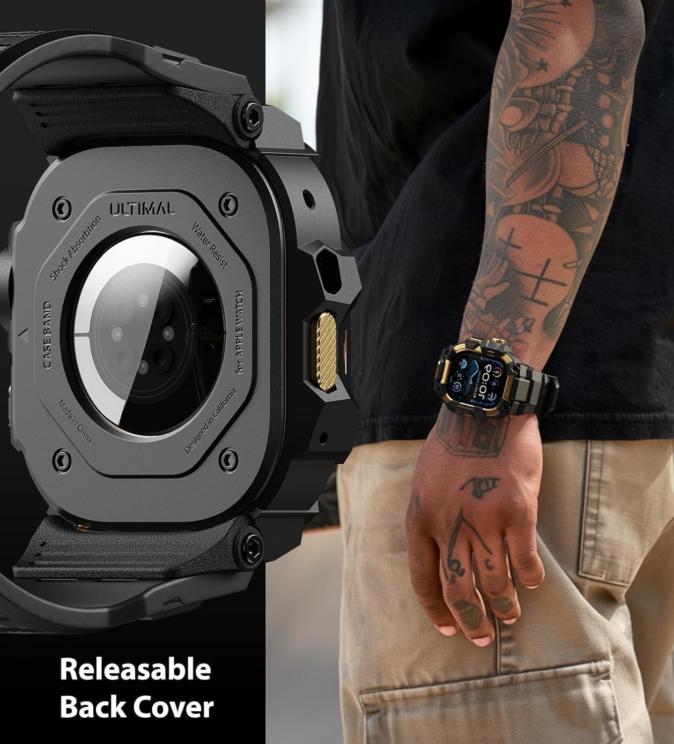 ULTIMAL Rugged Case with Band for Apple Watch 49mm,Compatible with Apple Watch Ultra 3/2/1, Military Grade Shockproof Bumper Cover for iWatch Tactical Band Men (49mm,Gold) - Image 4