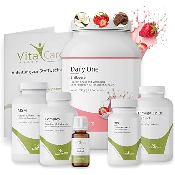 VitaCare 21-Tage Stoffwechsel-Kur Paket Erdbeere 7-teiliges Komplettpaket mit Proteinshake MSM Multivitamin Omega 3 plus OPC & Globuli