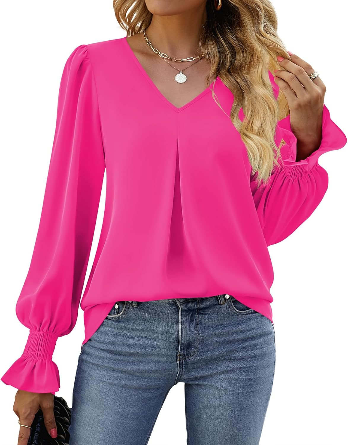 Funlingo Women's 2025 Long Sleeve Tops Dressy Casual V Neck Tunic Shirts Loose Chiffon Work Blouse - Image 7