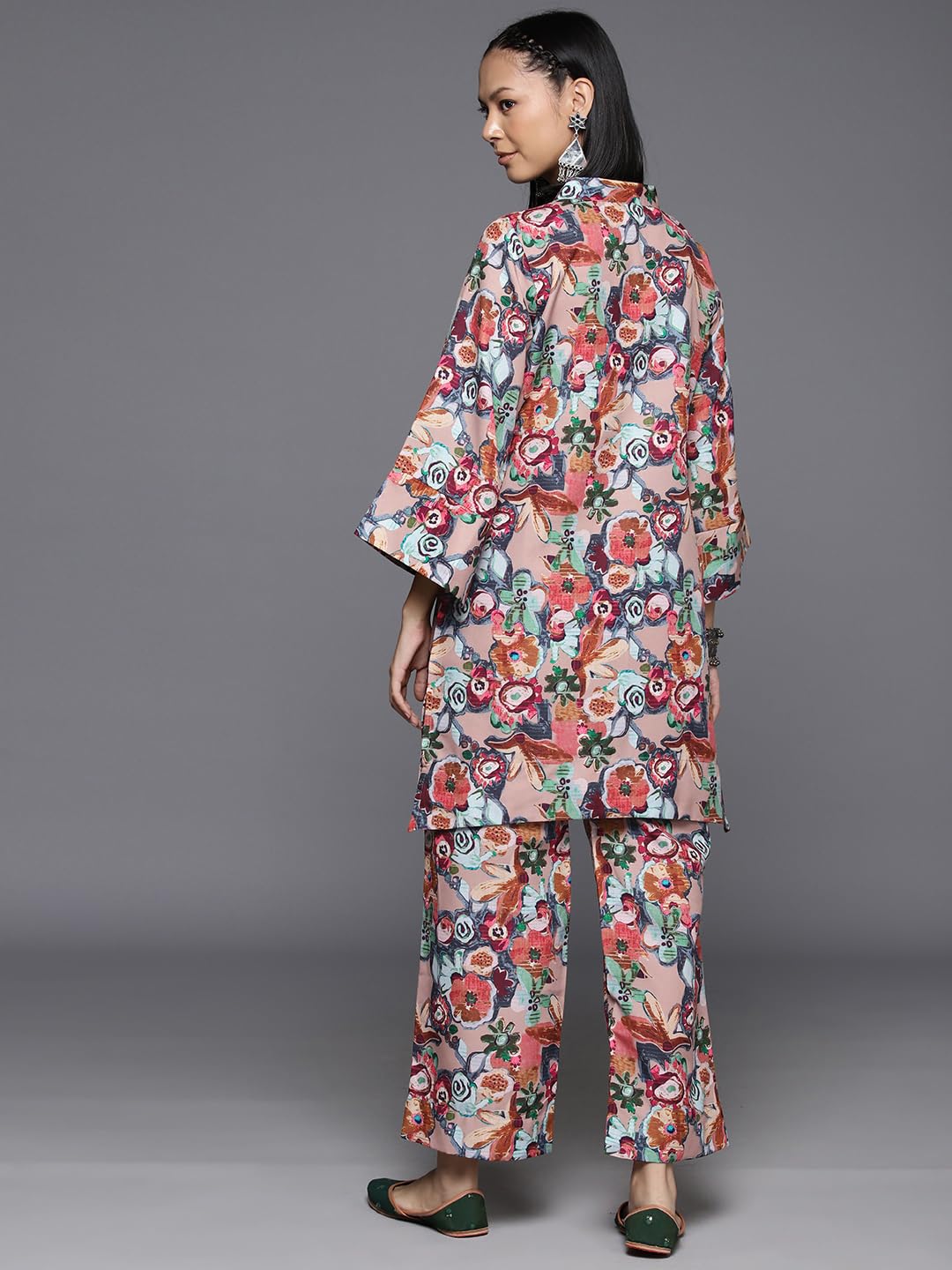 Varanga Women Beige Floral Printed Tunic Paired With Tonal Bottom