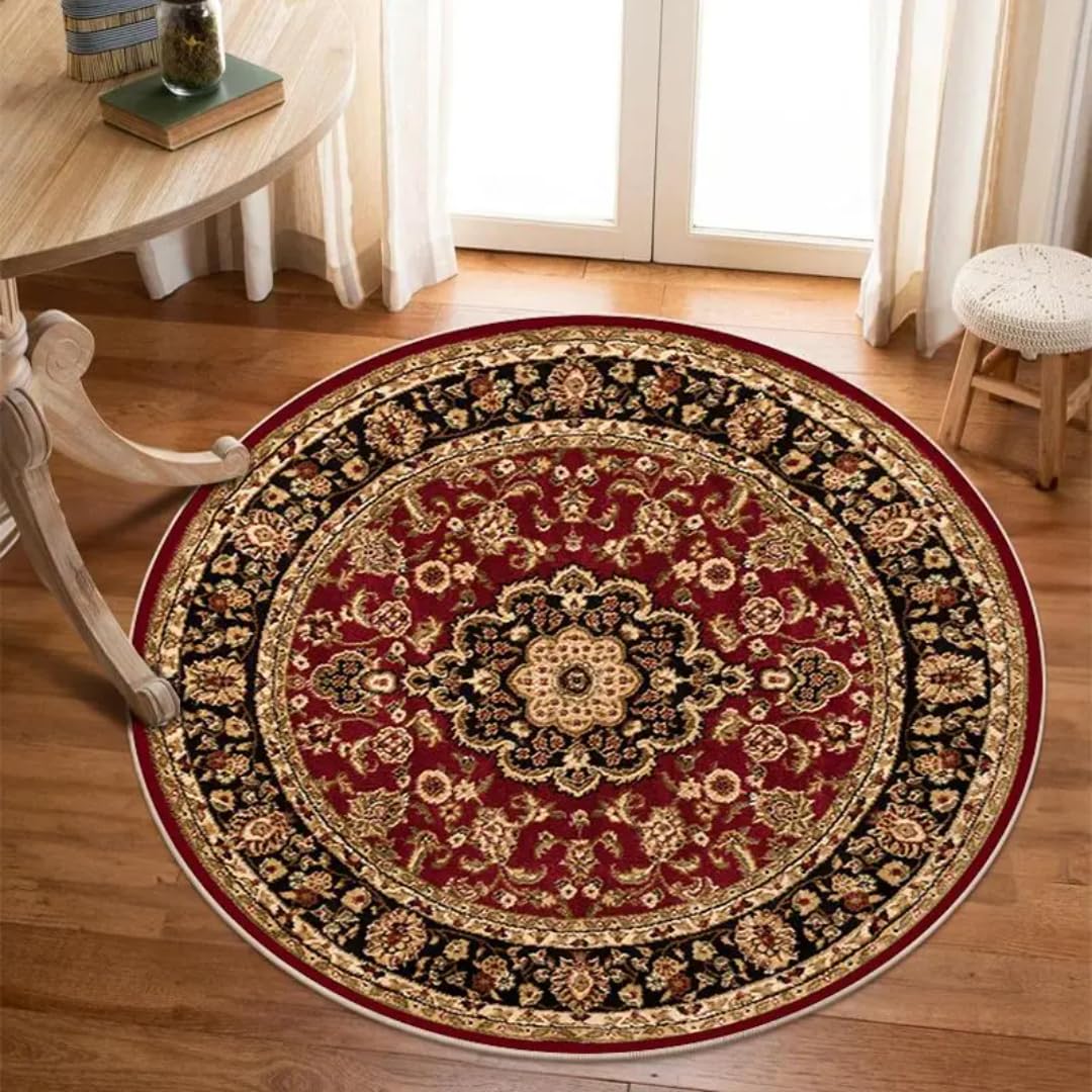 Tapis lavable rond de luxe rouge 160cm léger pour chaises et maison