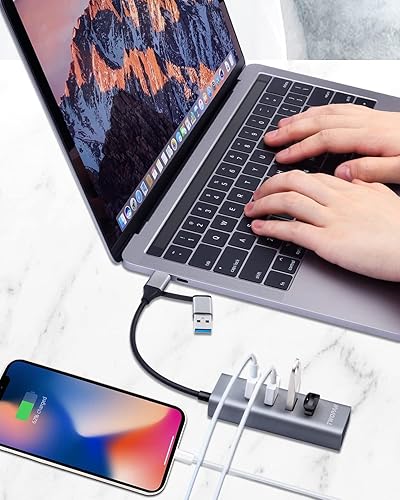 Miniatura 8 de Hub USB 3.0 de 4 puertos para laptop, aleación de aluminio, enchufes USB-A y USB-C, transferencia de datos de 5 Gbps, compatible con MacBook ProAir,