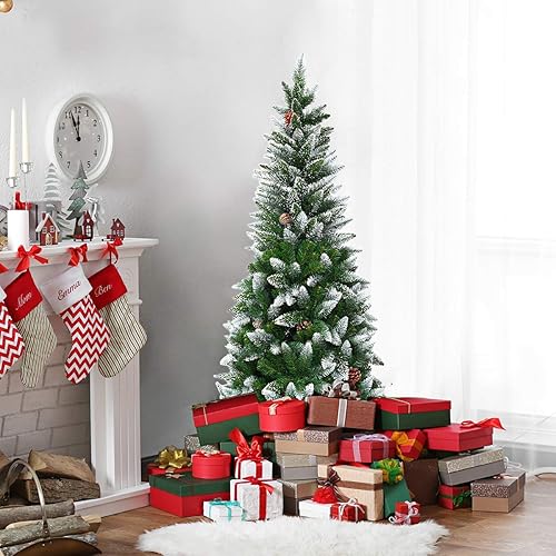 Miniatura 2 de GOFLAME Árbol de Navidad flocado de nieve de 5 pies, árbol de Navidad artificial con piñas y soporte de metal, decoración navideña tradicional para