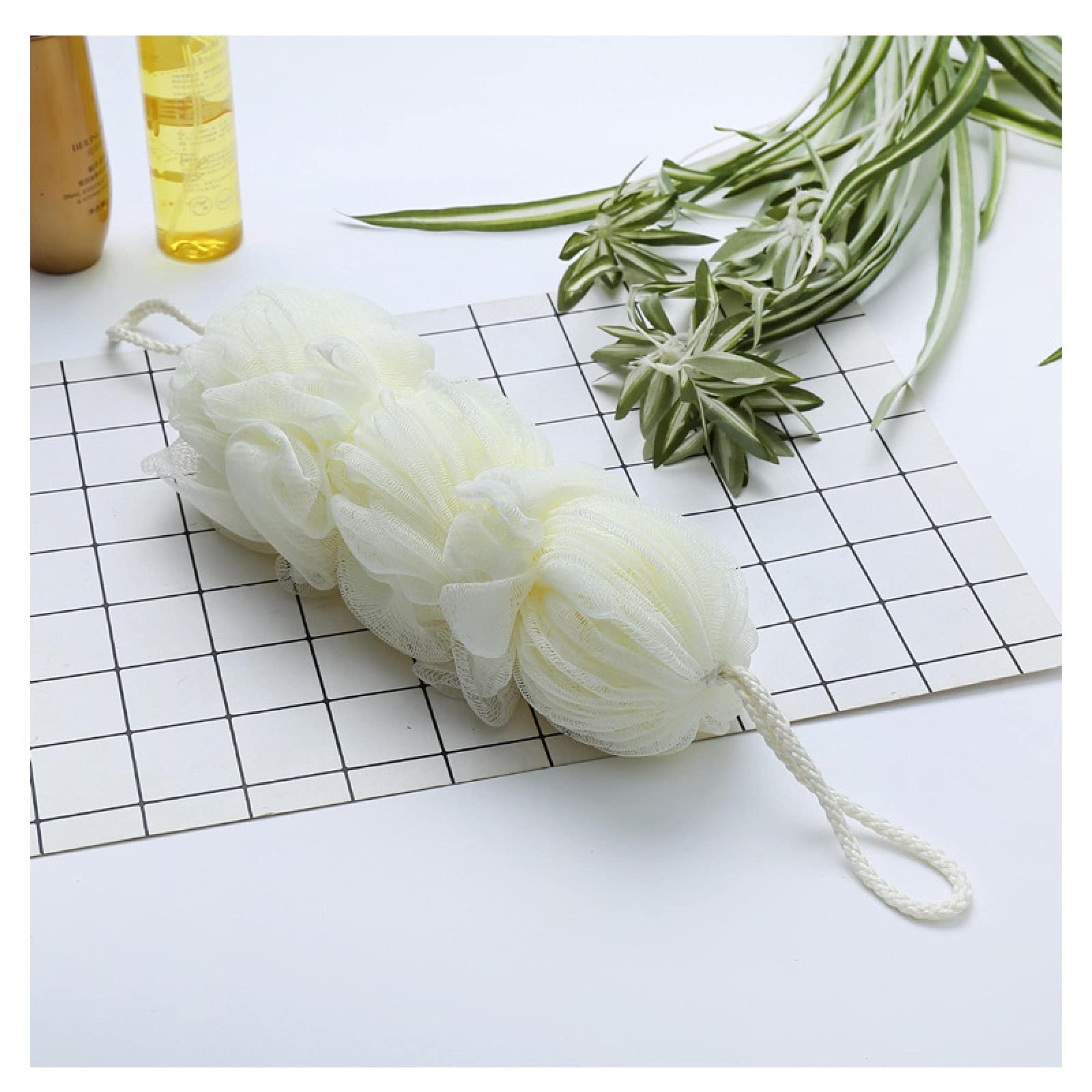 CJBHSD 1pc Boule de Douche Longue exfoliant Corps Bain Maille Filet Boule de Douche éponge Doux Masseur Outils de Nettoyage Accessoires de Bain, Beige (Beige)