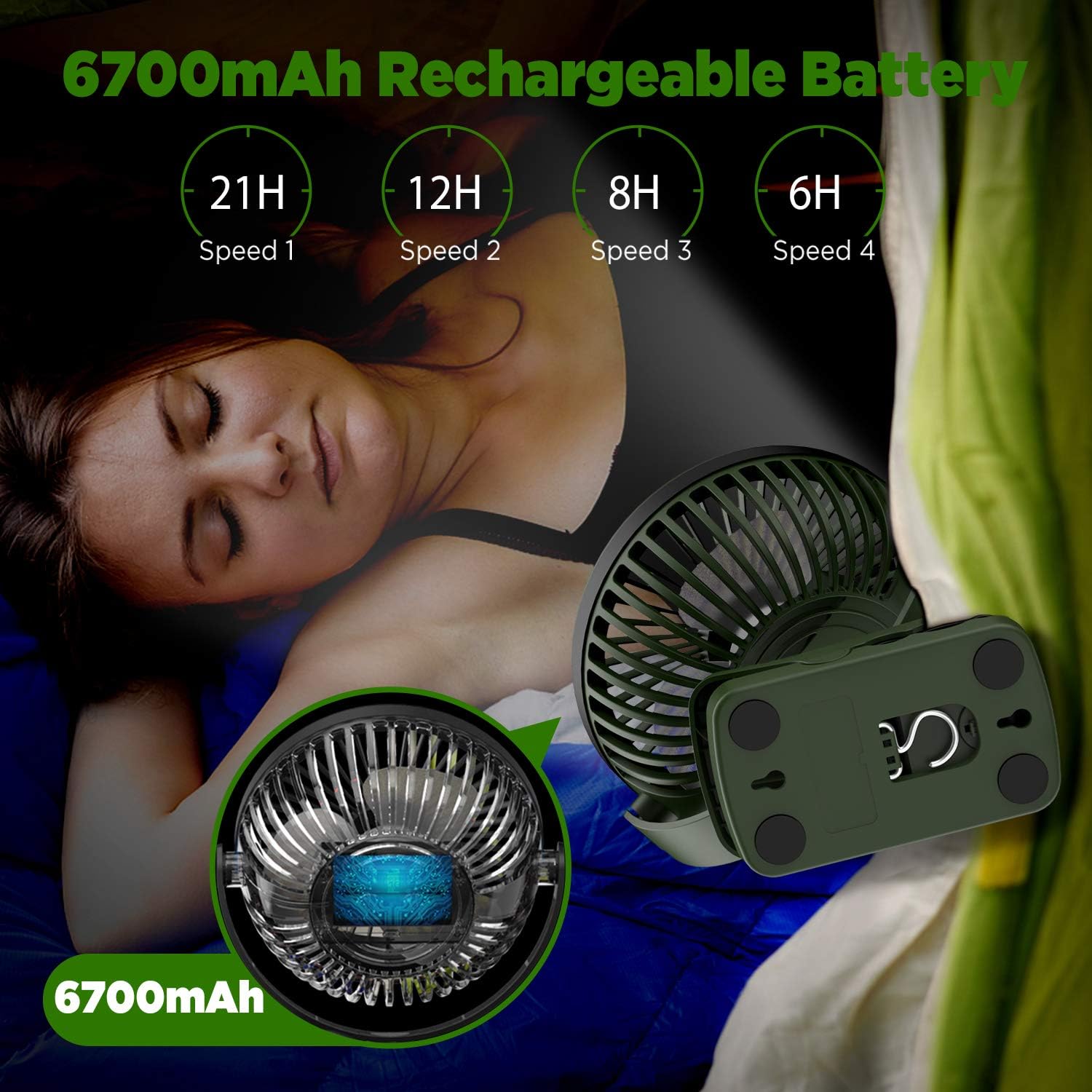 OUTXE Camping Fan with LED Light 6700mAh Clip-On Tent Fan with Hanging Hook USB Rechargeable Tent Fan Portable Fan Outdoor
