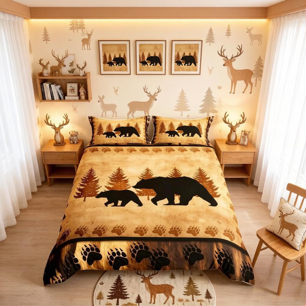 Loussiesd Bear Bedding Set Super King Kids Boys Farmhouse Wild Animal Bedding Brown Retro Bear Duvet Cover Set Brown Bear Paws Bedroom Decor Bedding