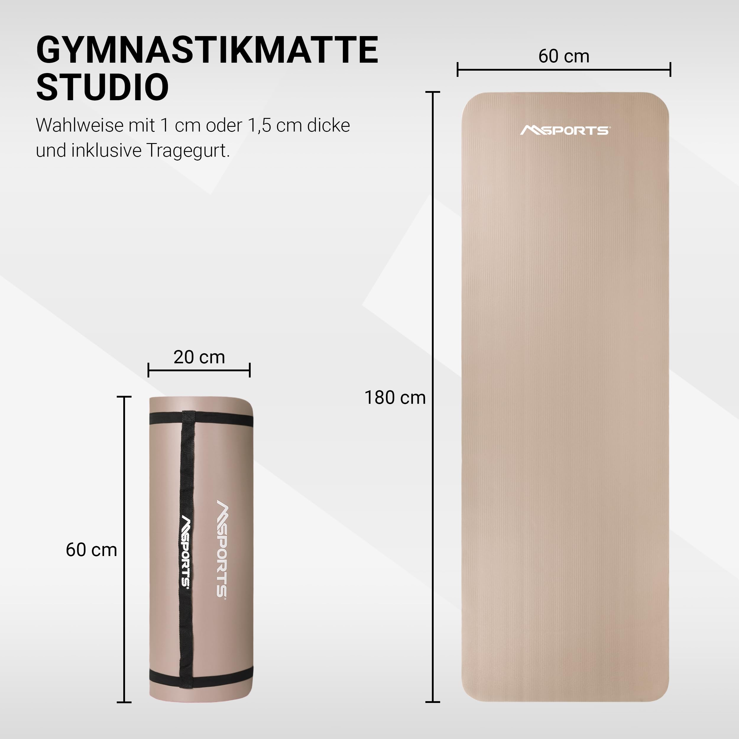 MSPORTS Esterilla de gimnasia Studio 183 x 61 x 1,0 o 1,5 cm, incluye póster de ejercicios y correas de transporte, respetuosa con la piel, sin ftalatos, muy suave