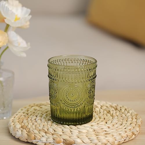 Miniatura 4 de Juego de 4 vasos de vidrio vintage para beber de 10.5 onzas, vasos de agua verdes en relieve, para jugo, cerveza, cóctel, whisky, varias bebidas