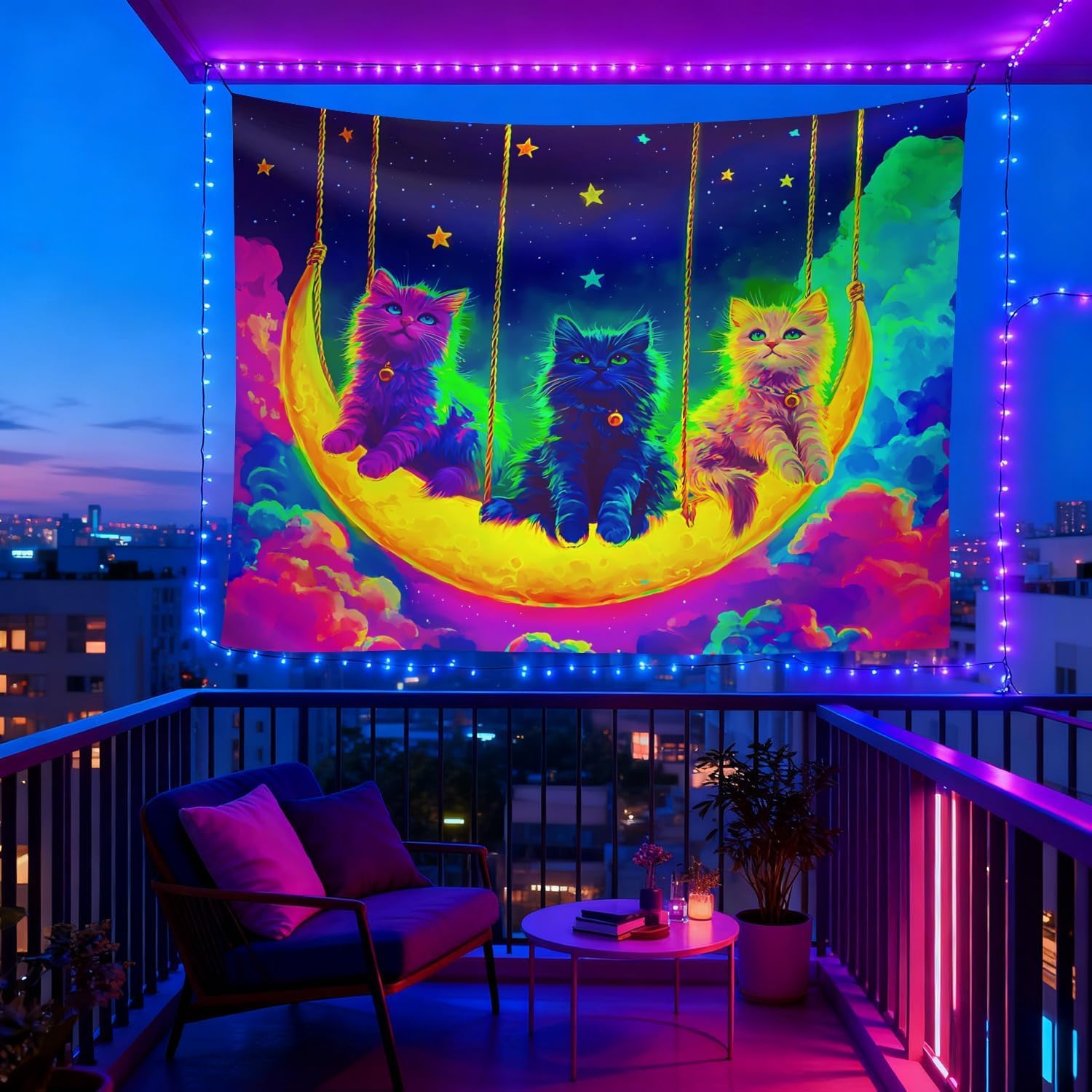 seewan Black Light Psychedelic Cat Tapestry, Glow-in-the-Dark UV Neon Multicolor Cat Tapestry, Psychedelic Multicolor Animal Art Tapestry, Bedroom Dorm Living Room Background Decor