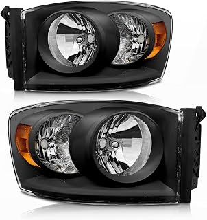 2006-2009 Headlight for Dodge Ram 2006-2008 Ram 1500/2006-2009 Ram 2500 3500 Black Housing Amber Reflector Replacement Driver and Passenger Side