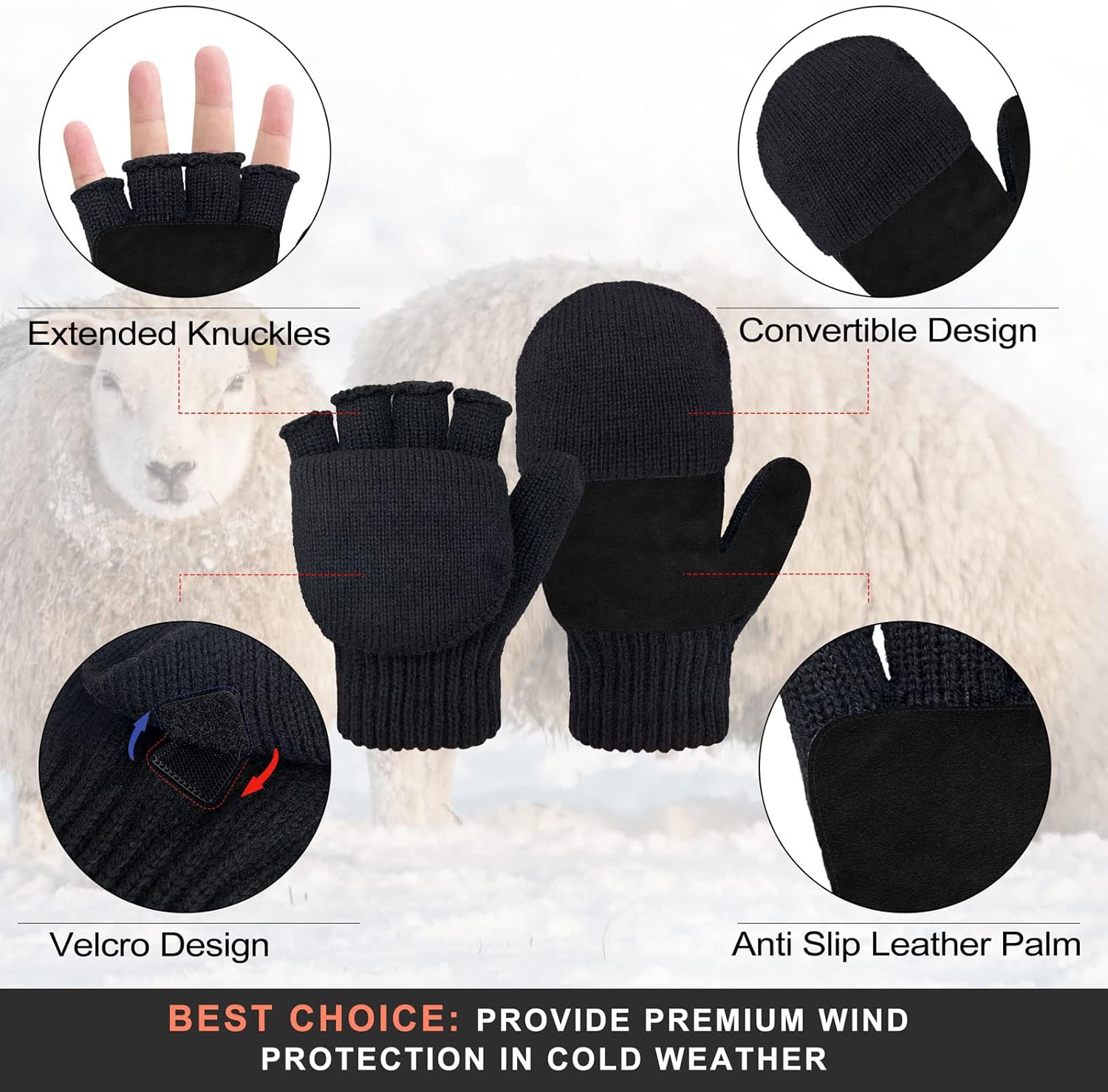 GSAFEME Winter Knitted Convertible Fingerless Gloves Wool Mittens Warm Mitten Glove for Women and Men - Image 2