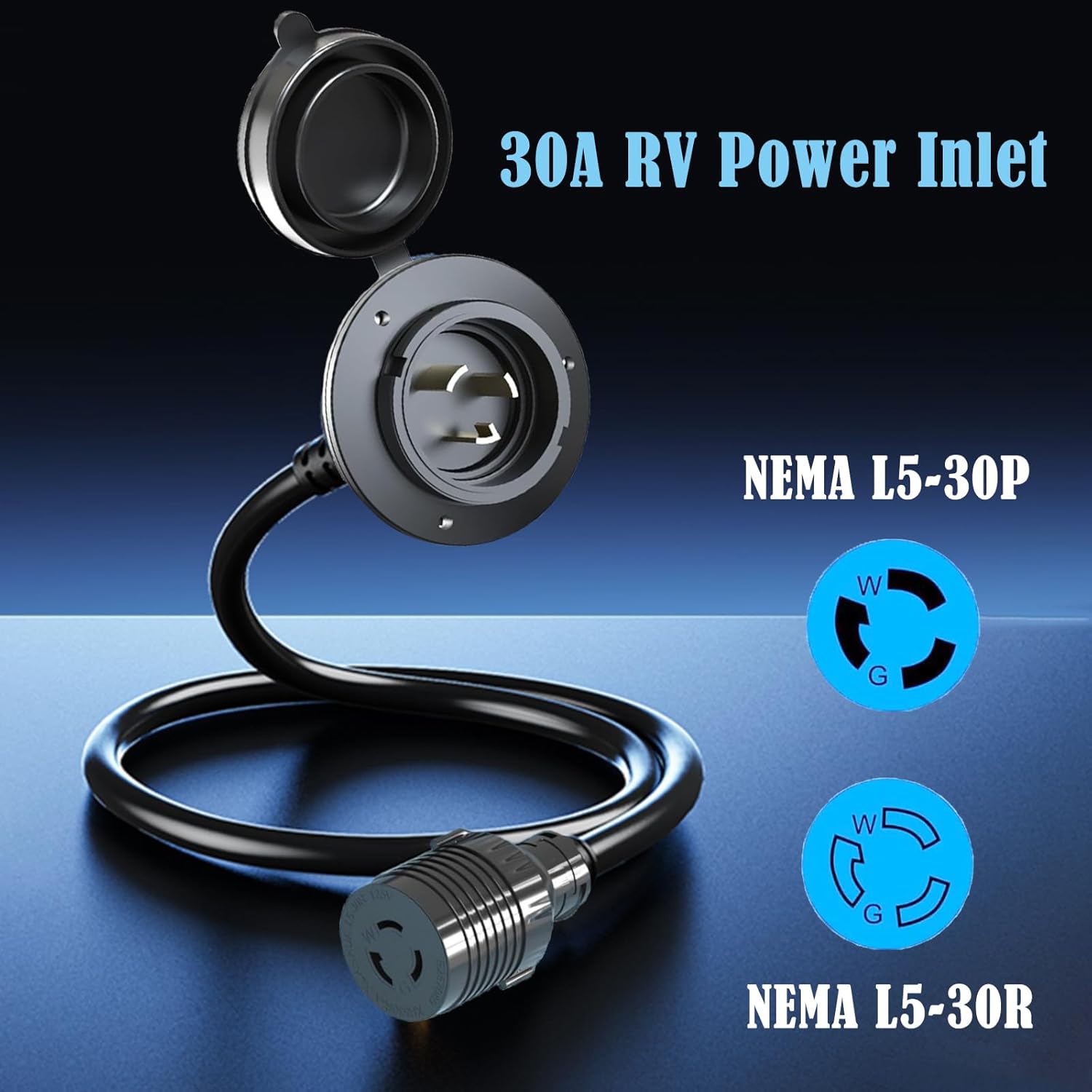 30 AMP RV Shore Power Inlet, 125V Twist Lock Receptacle, 10AWG 30 Amp Generator Cord 3 Prong, NEMA L5-30P /L5-30R RV Electrical Outlet Plug Adapter for RV Camper Caravan Van Marine Boat 1.6Ft