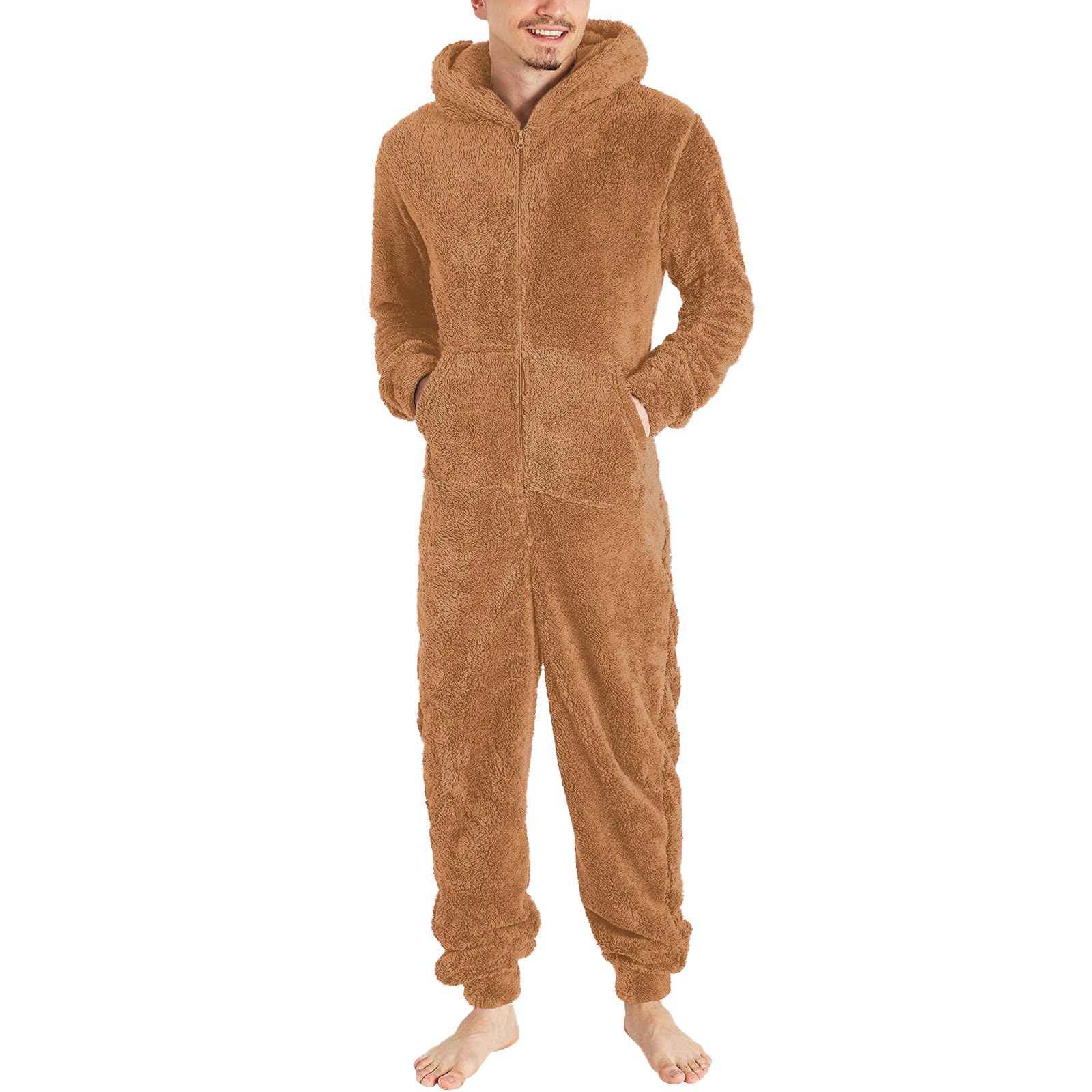 Jumpsuit Men's Teddy Fleece Pyjamas Onesie Winter Fluffy Pyjamas Cuddly Jumpsuit with Hood Large Size Sleepwear Warm Fluffy Sleepwear Long Plush Full Body Suit 5XL, #01 Brown, S
