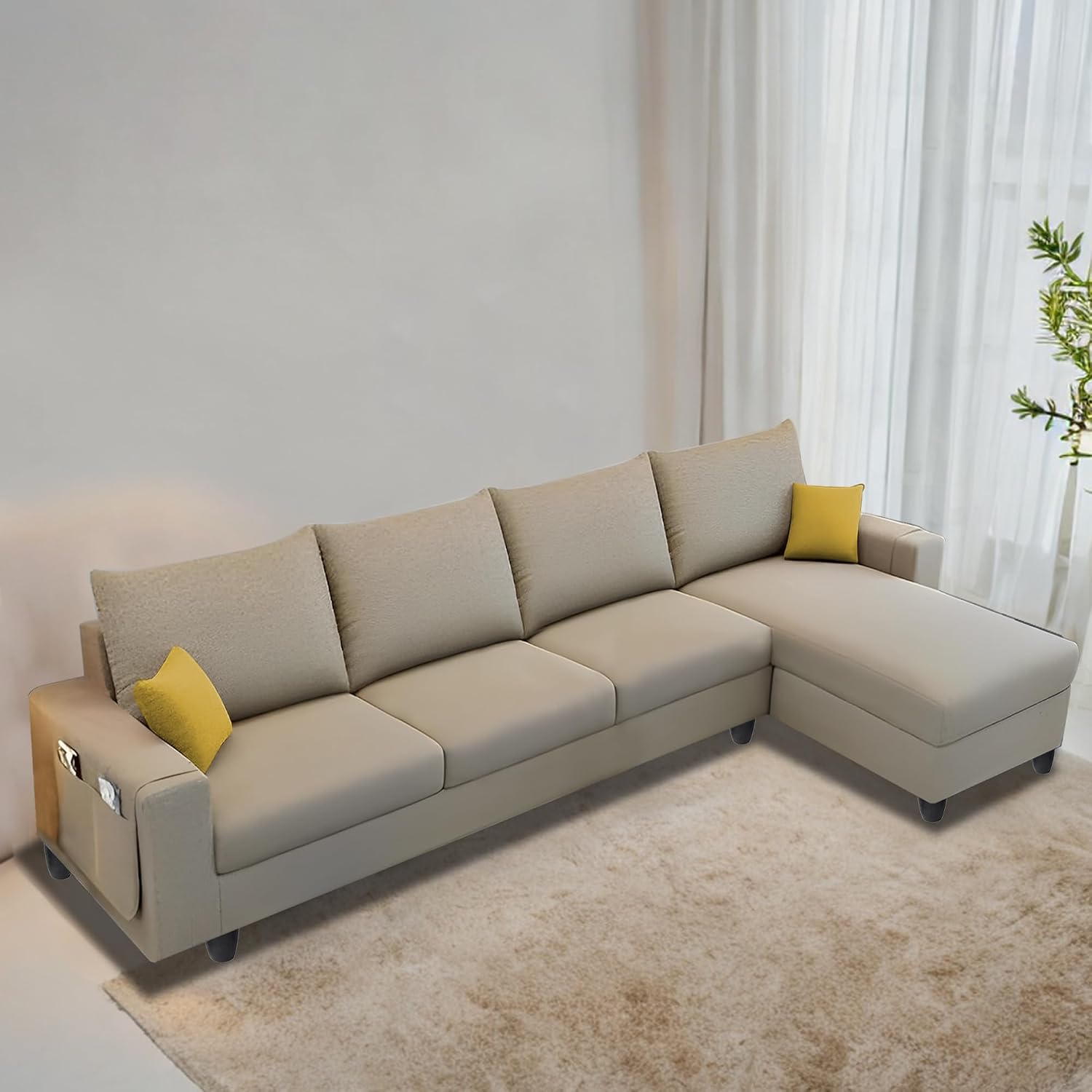 Casaliving Porto RHS 6 Seater L Shape Sofa Set for Living Room (Cream Fabric) Premium Velvet Fabric Sofa Set