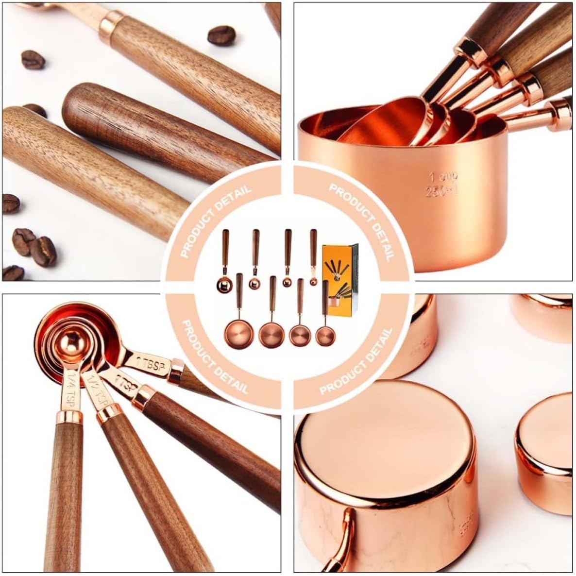 Zerodeko 8pcs Multifunctional Measuring Spoon and Cup Set with Walnut Handle and Stainless Steel Construction, Golden Color, Double Graduated Units, Easy to Use Baking and Kitchen Measuring