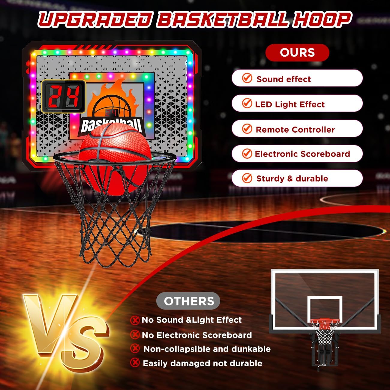 VATOS Basketball Hoop Indoor for Kids, Light up Basketball Hoops with 6 Color LED Lighting, Remote Controller, Scoreboard & 3 Balls, Over The Door Basketballs Game Toys Gifts for Kids 5-12 Boys Girls