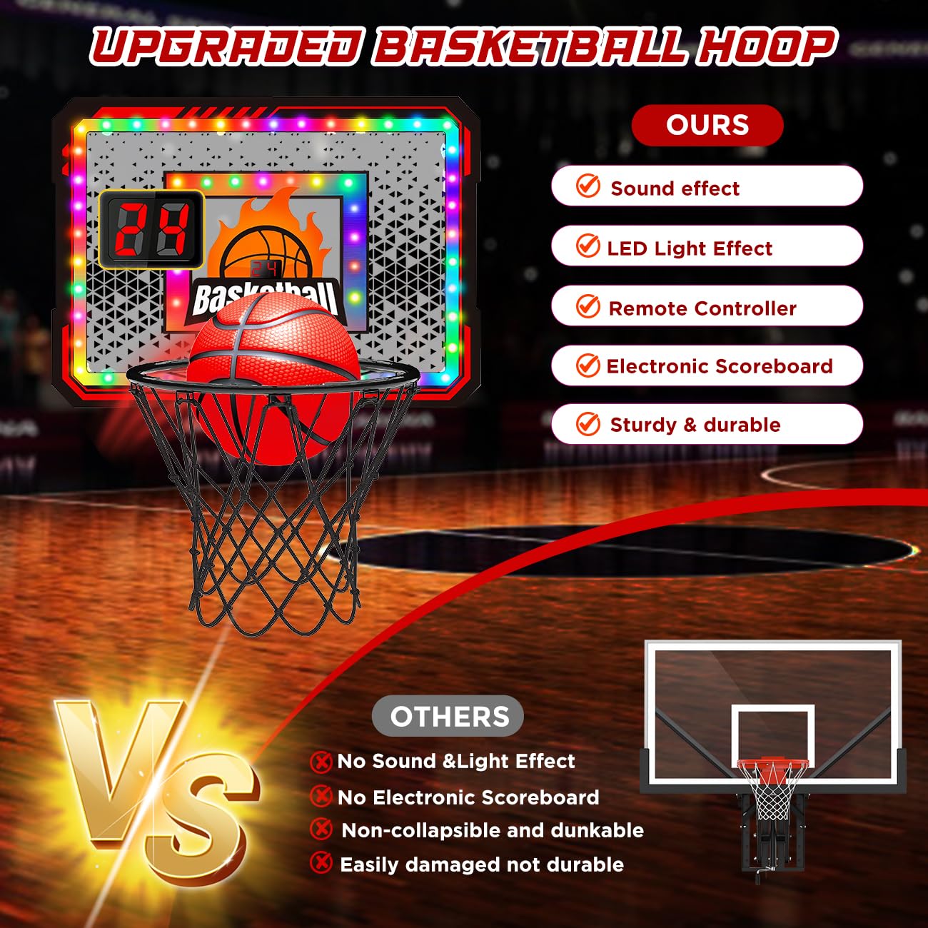 VATOS Basketballkorb Indoor für Kinder, LED Basketballkörbe mit 6-Farbiger Lichteffekt, Fernbedienung, Anzeigetafel und 3 Bällen, Basketballspiel über der Tür Spielzeug Geschenk für Jungen Kinder 5–12