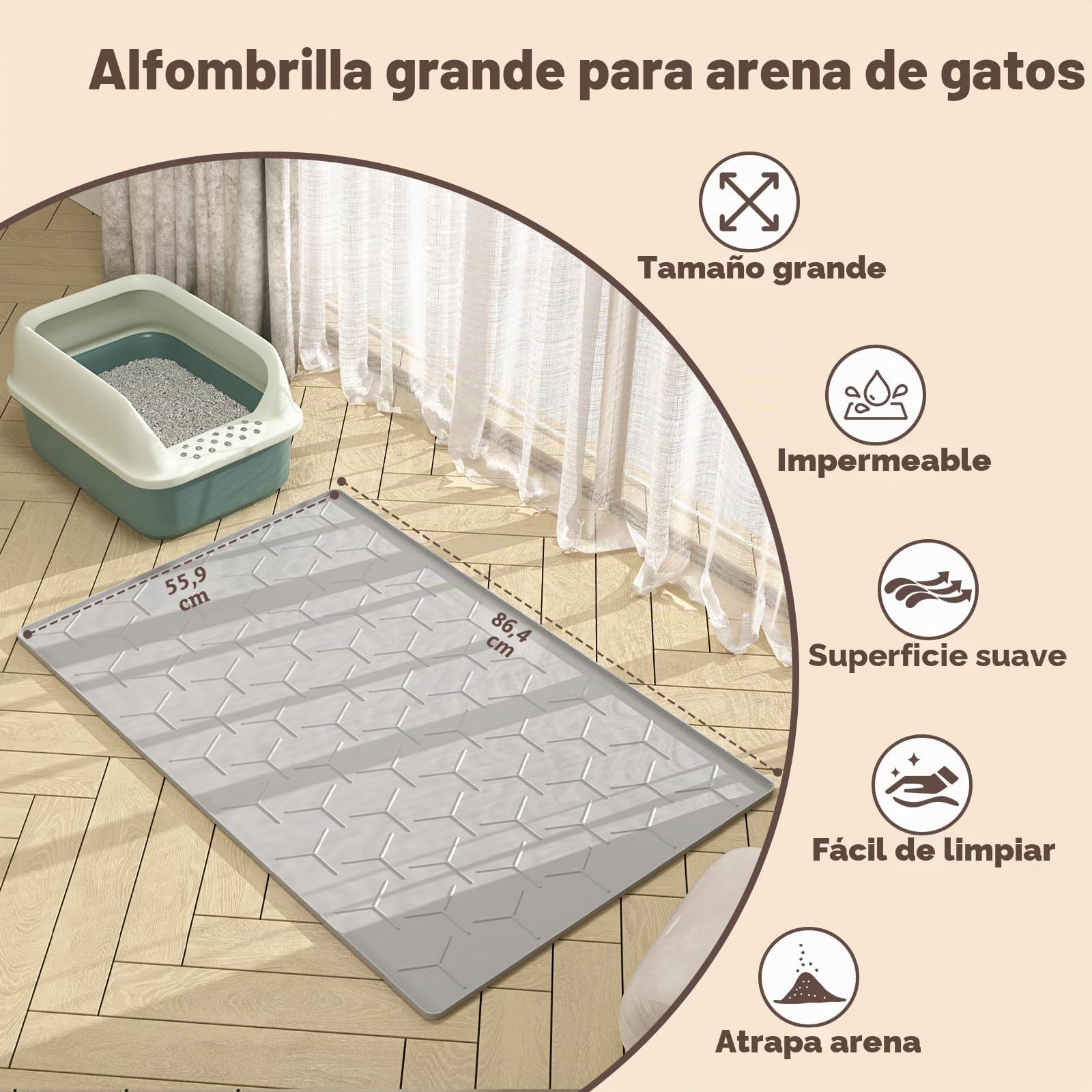 Garoopion Alfombra Grenero Gato, 86x56 cm Alfombrilla Arenero Gato, Silicona Impermeable Alfombra Arena Gatos, Fácil de Limpiar, Gris
