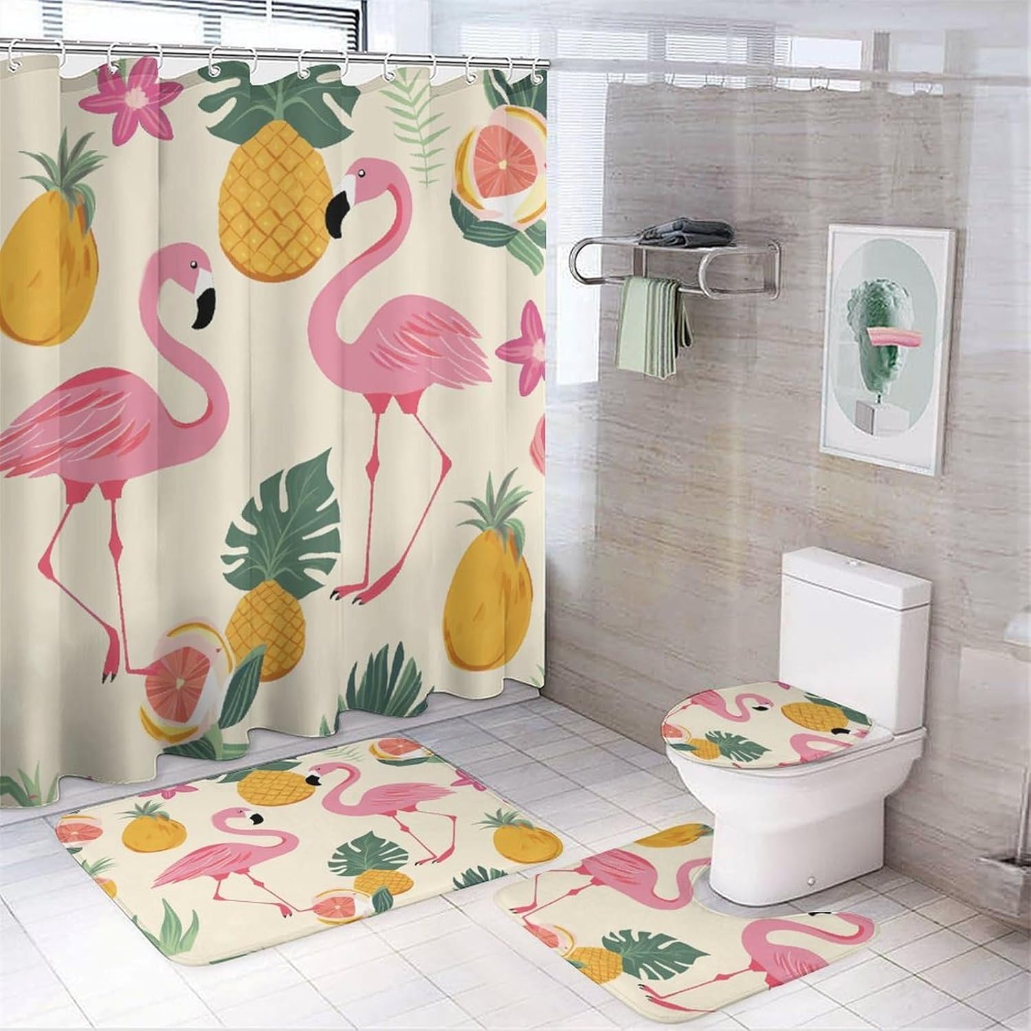 Flamingos and Pineapples 4Pcs Shower Curtain Set with Non-Slip Rugs, Toilet Lid Cover and Bath Mat,Bathroom Set Decor Accessories,Curtain Set with 12 Hooks, 72 X 72 Inch