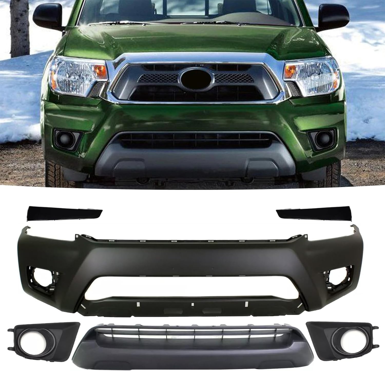 Bewild Front Bumper Body Kit Fit For 2012 2013 2014 2015 Toyota Tacoma Front Bumper Cover With Lower Grille+ Headlight Filler Trim Panels + Foglight Bezel Covers (Black)