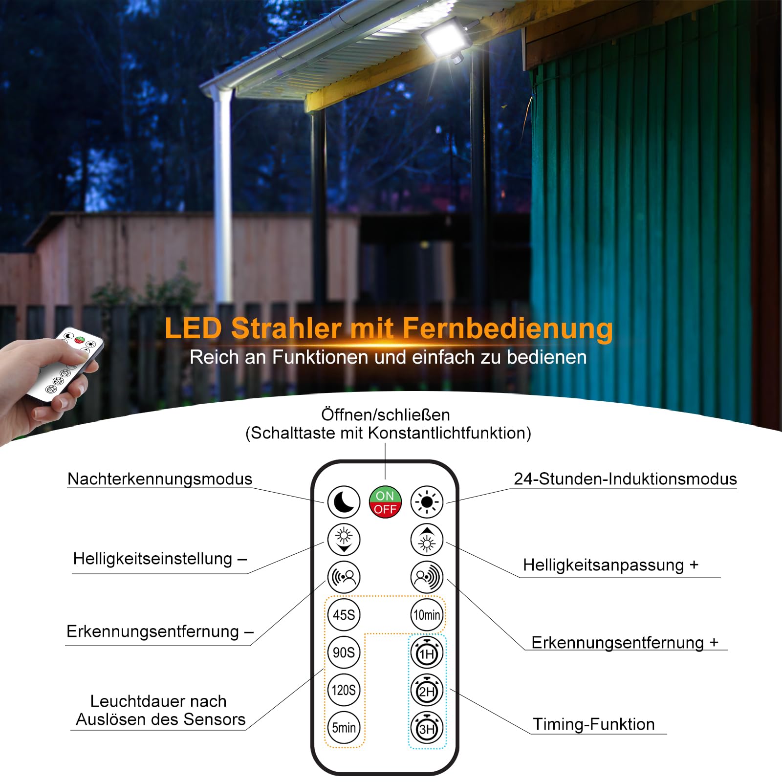 MEIKEE reflektor led z czujnikiem ruchu 15 W, 150lm-1200 lm, 6500 K, zimna biel, 3 tryby, 10 poziomów jasności, oświetlenie punktowe led Z pilotem, IP66 wodoodporny, reflektor do ogrodu garaż boisko