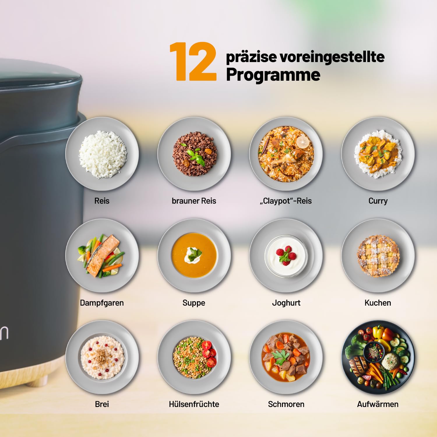 Lauben Multifunction Rice Cooker 2000BW, Multifunktionaler Reiskocher - Leistung 400 W, Volumen 2 l, Digitalanzeige, 12 Programme, Antihaftbeschichtung, Temperaturerhaltung, Startverzögerung, automat