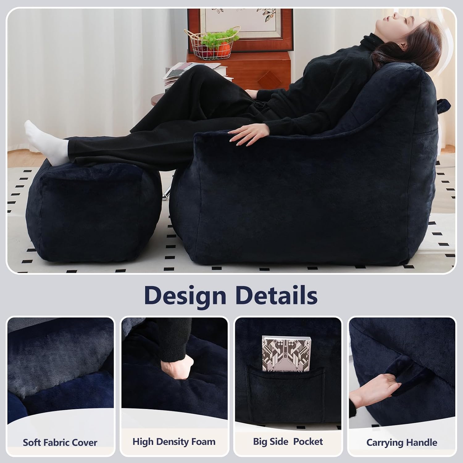 Bean Bag Chair, Bean Bag Chair with Ottoman, Big Beanbag Chair with Filling, Large Beanbag Chair with Filler for Living Room (Faux Fur in Dark Blue, 38.15" Wx40 Dx30 H)