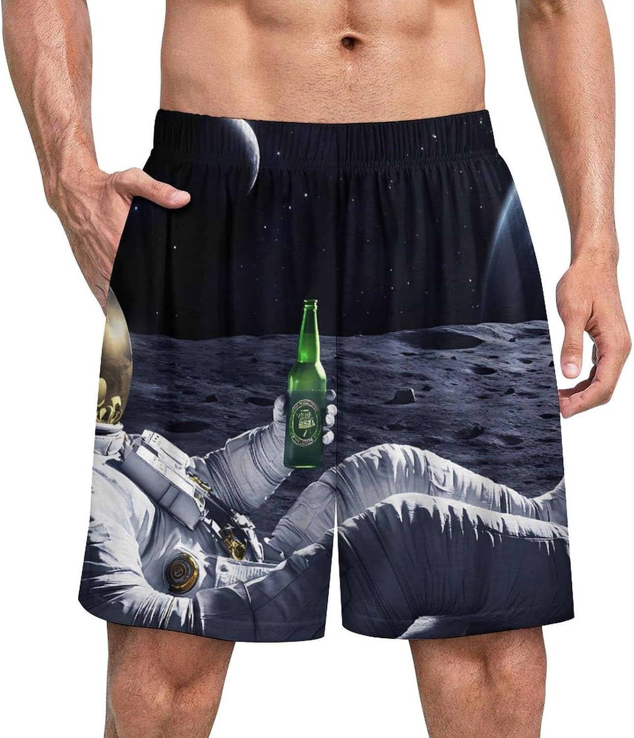 Astronaut Drinking Beer on Moon Pajama Shorts for Men Lounge Sleepwear Soft Sleep Bottom Printed Sleeping Pants 5X-Large