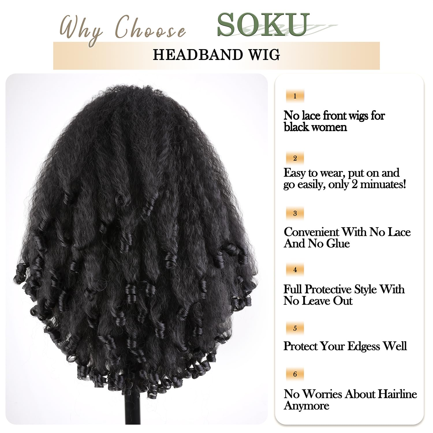 SOKU New Afro Curly Headband Wig, Synthetic Braided Hair Texture with Unique Bouncy Curls in the End, Black 20 Inch Soft Curly Voluminous Headband Wigs for Black Women Blend Kinky 4C Hair