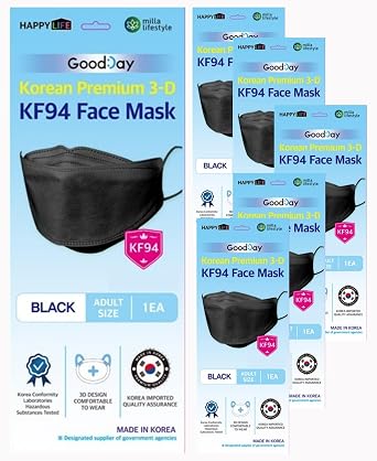 Pack of 5 Korea Black Disposable KF94- Face Mask, 4-Layer Filters Breathable Comfortable Protection, Good Day, Mouth Covering Dust Mask Made in Korea