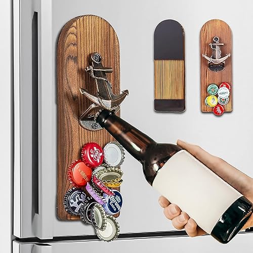 Miniatura 2 de LUCYLANKER Abrebotellas de cerveza montado en la pared con receptor de tapa magnética, abrebotellas magnético de madera para refrigerador, regalos