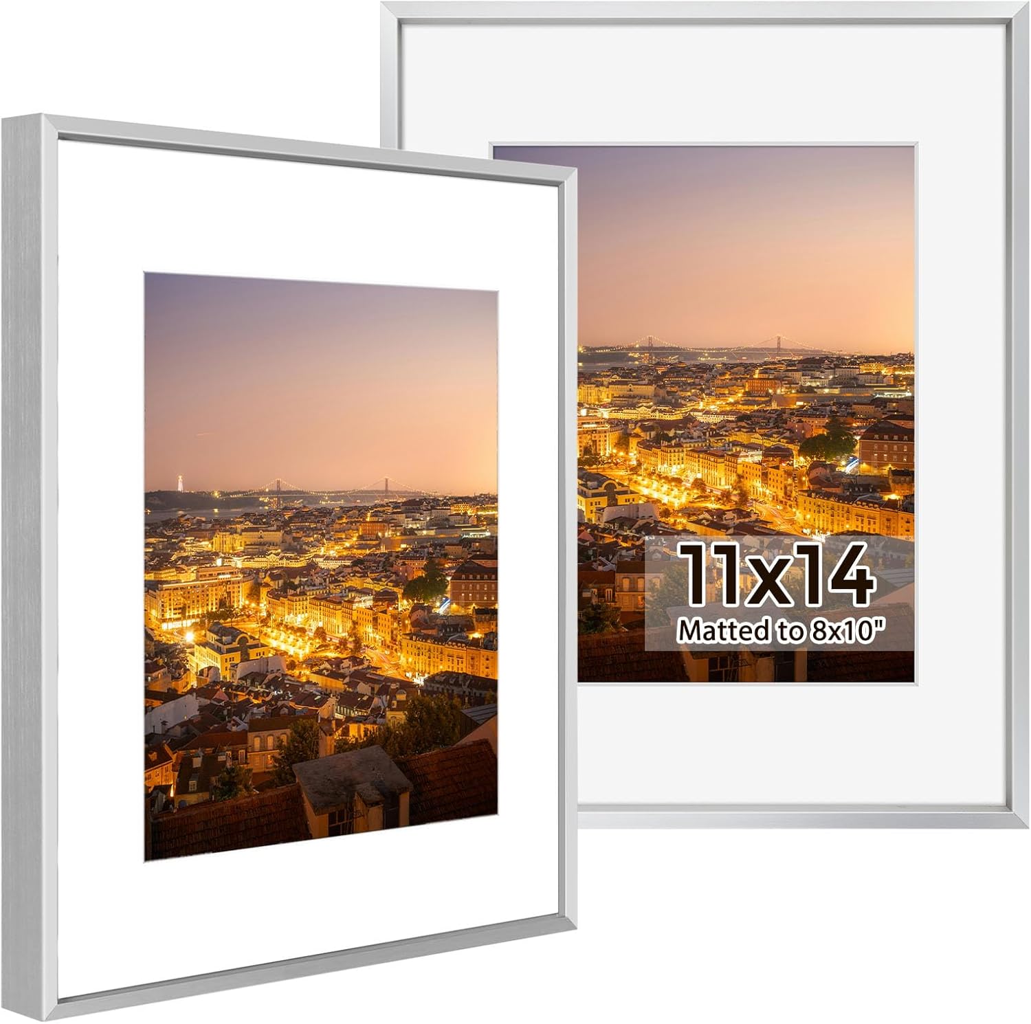 Golden State Art, Silver 11x14 Aluminum Picture Frame - Display Photos 8x10 With Mat or 11x14 inch Without Mat - Shatter-Resistant Glass Metal Photo Frame for Wall Decor (2 Pack)