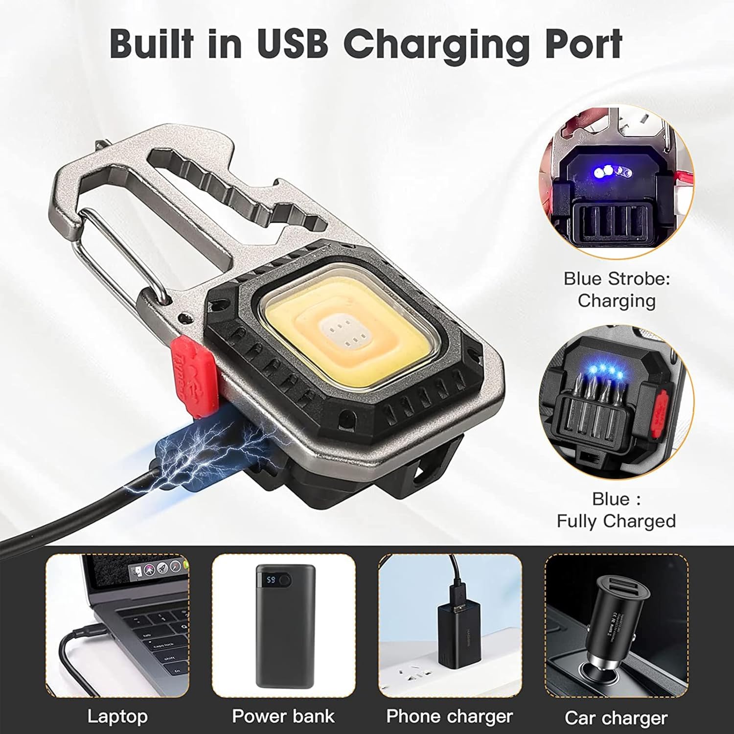 AUTOXBERT COB Keychain Work Light Rechargeable, 2 Pack 1000LM Multifunction Work Light, 7 Lighting Modes with Screw Driver Kit, Bottle Opener, Carabiner Suitable for Outdoor Hiking