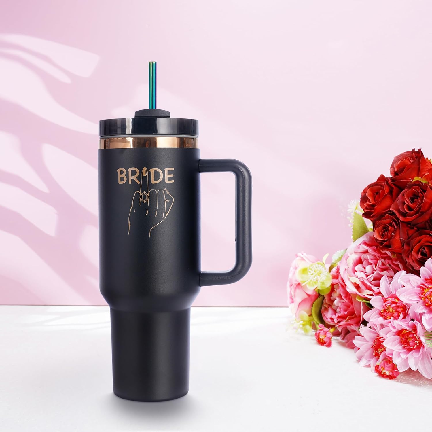 Bride to Be Tumbler, Bride Ring Finger Stainless Steel Insulated Tumbler with Colorful Stainless Steel Straw & Handle, 40 oz Travel Mug Tumbler for Wedding Gifts and Bridal Shower Anniversary-Black - Image 3