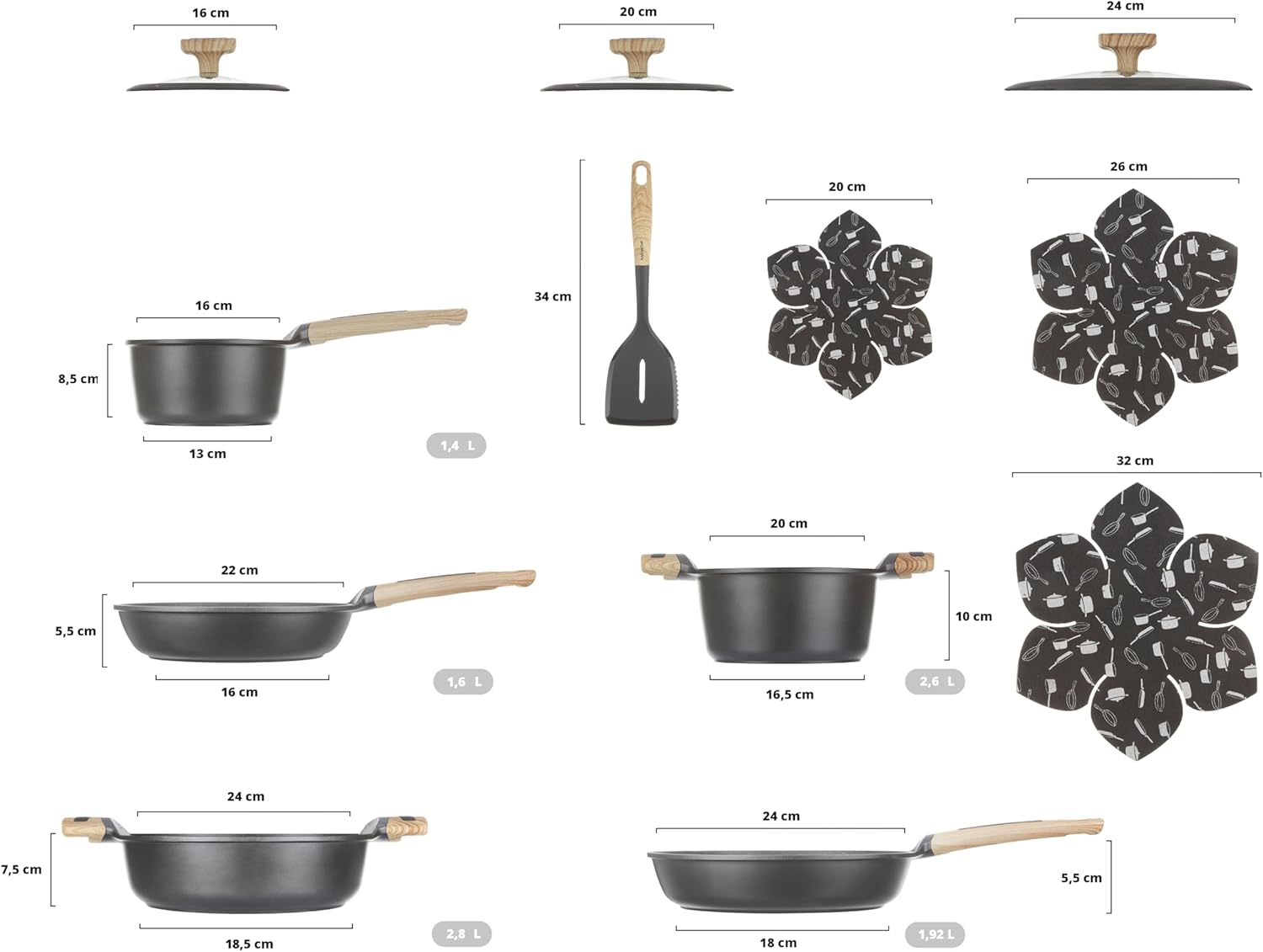 12-pcs cookware set Nonstick, Induction pots and pans, Aluminum pans for cooking with glass lids, kitchen tool and pan protectors, PFOA-free (12 piece)