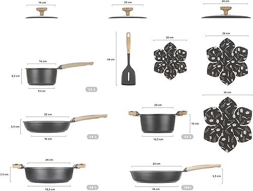 Miniatura 2 de Juego de utensilios de cocina de 12 piezas antiadherentes, ollas y sartenes de inducción, sartenes de aluminio para cocinar con tapas de vidrio,